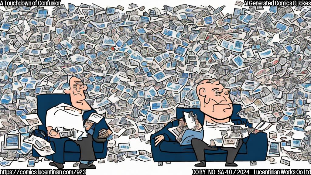 Draw a plain color cartoon style picture of a football coach sitting on a couch with a TV showing a highlight reel of a football game in the background, surrounded by scattered notes and paper clips.