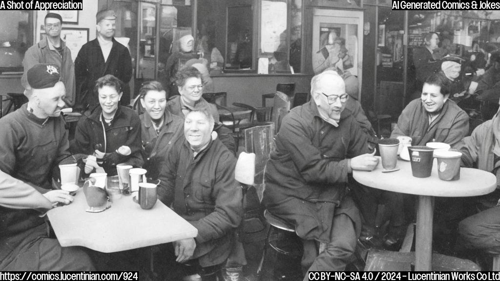 A group of people gathered at a cozy coffee shop, with a veteran sitting at a small table. The barista is standing over him with a warm smile and a steaming cup of coffee.
