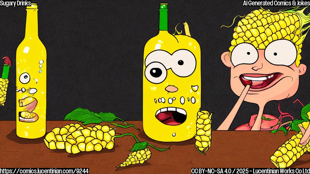 Cartoon style, a sad looking yellow ear of corn crying next to a smiling bottle of red soda.