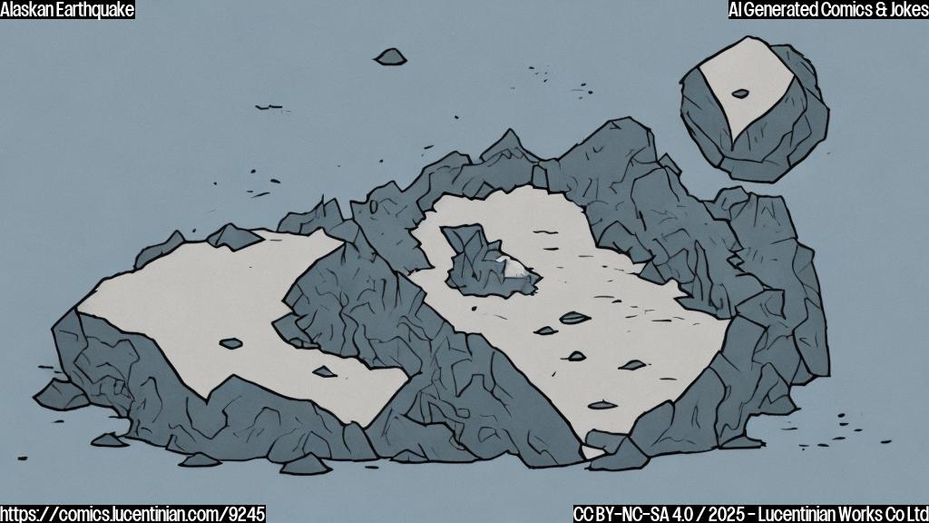 A cartoon-style drawing of a sad, cracked island with a tear rolling down its side, next to a trembling, grey, blocky shape representing an earthquake. The background is a plain light blue.