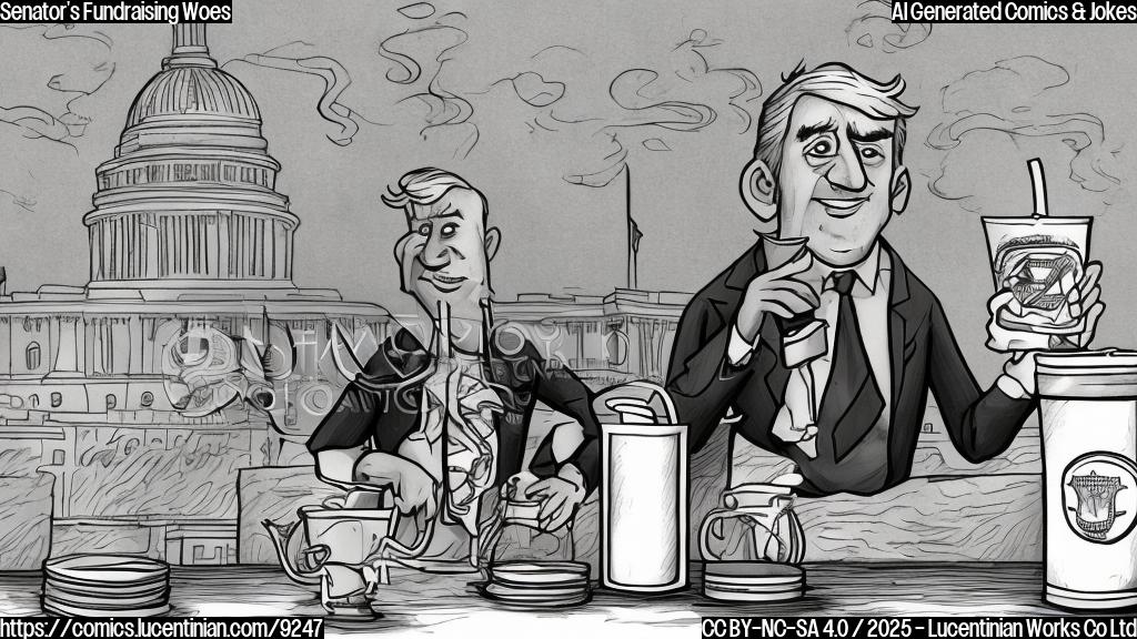 A cartoon style drawing with plain colors. A stressed-looking senator with a gray suit and a worried expression stands behind a lemonade stand labeled "Campaign Funds," with a nearly empty pitcher. The background shows a simplified image of the U.S. Capitol building.