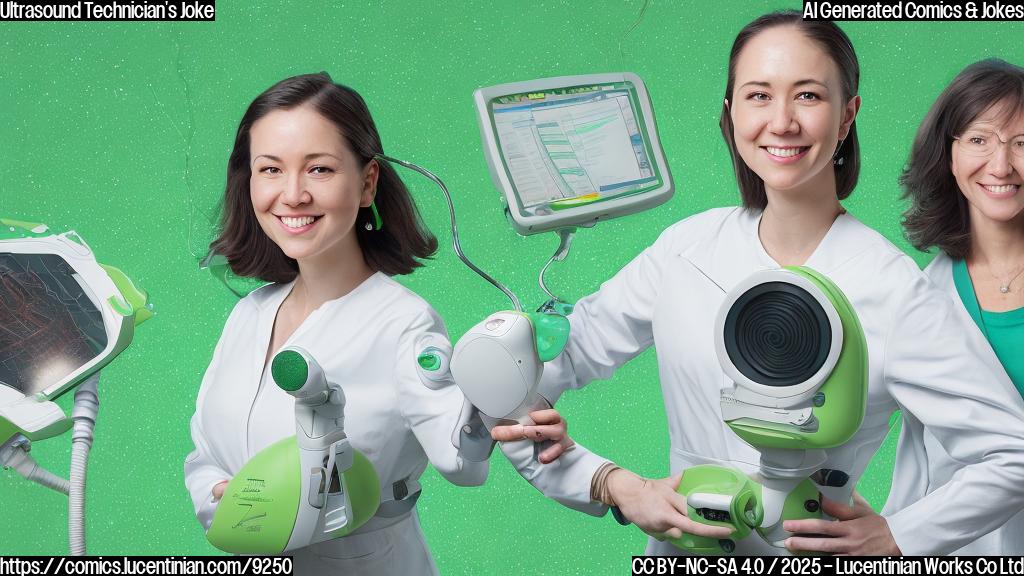 A cartoon style image with a light pastel green background. In the center, a female ultrasound technician with short brown hair and wearing a white coat is smiling mischievously while holding a very large and advanced-looking ultrasound wand. Next to her is a very tall ladder, almost reaching the top of the frame. A small monitor shows a pixelated and indistinct image of a baby.