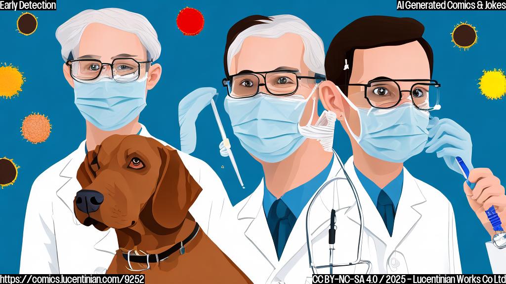 Cartoon style image of a scientist in a lab coat holding a skin swab while a brown Labrador sniffs it intently. The background is a brightly colored, minimalist lab setting.