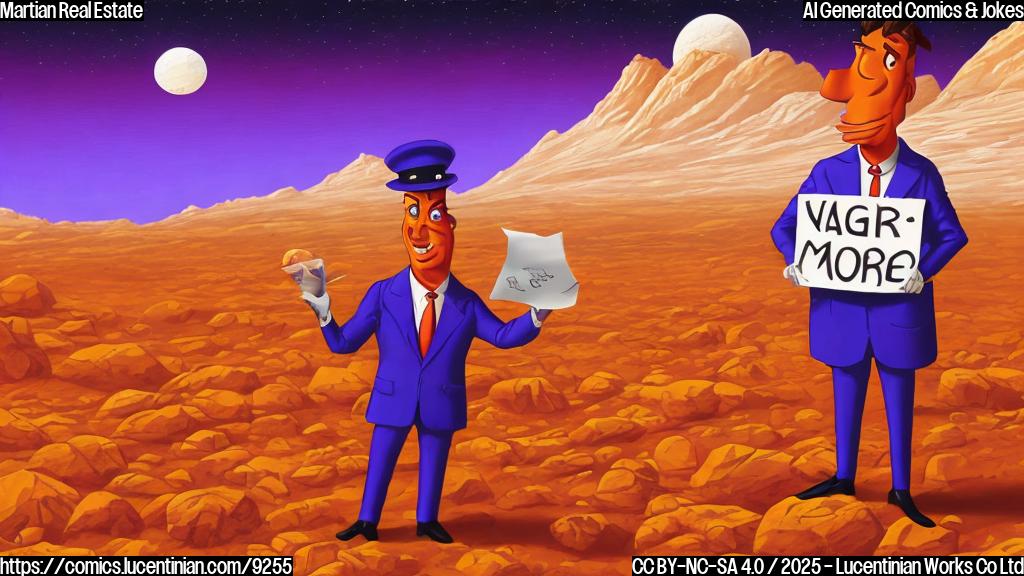 a cartoon of a red martian character wearing a purple suit and holding a sign that says "Mars Land For Sale! High Price!" in front of a red, rocky landscape. Style is simple, plain colors, cartoonish.