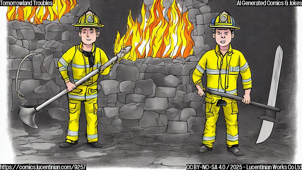 a cartoon style picture of a firefighter wearing yellow safety clothes with an axe in his hands standing in front of a stage engulfed in flames. The background is a plain light blue color.