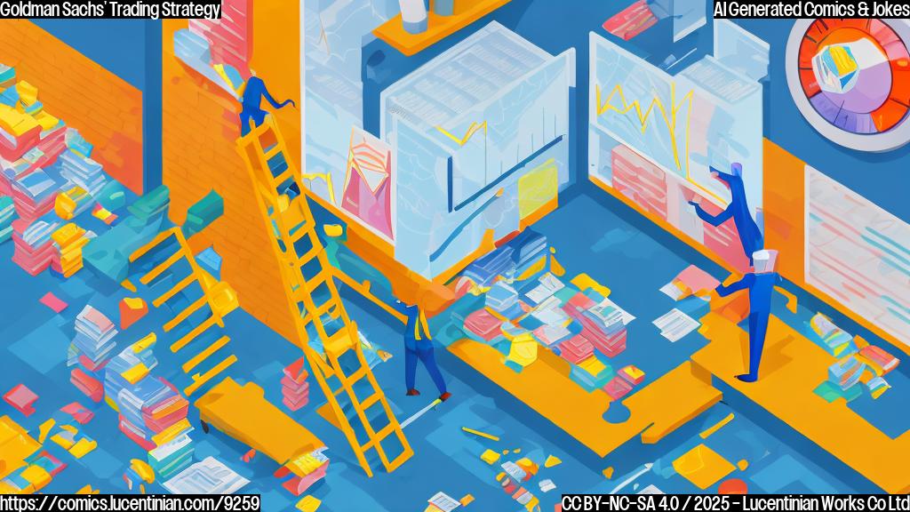 A brightly colored cartoon image of a person in a business suit holding a ladder on a financial trading floor, with stock charts and numbers rising dramatically in the background. The style is simple and clean, with solid colors and thick outlines.