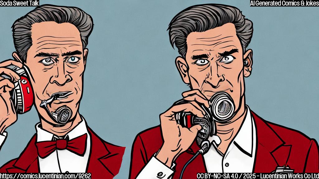 A cartoon style image with a red soda can with white text on it and a cartoon style serious looking man in a suit talking on an old fashioned telephone. The background is a plain light blue color.