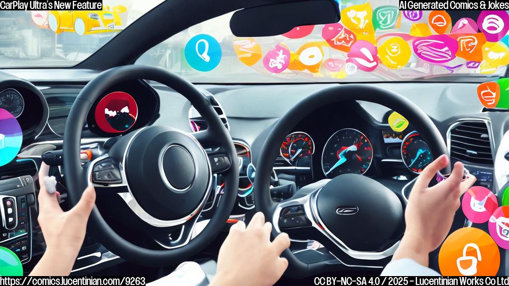 Cartoon of a car dashboard completely filled with colorful icons and app interfaces, obscuring the speedometer. The driver's hands are on the steering wheel, with a confused expression on their face. Plain color background.