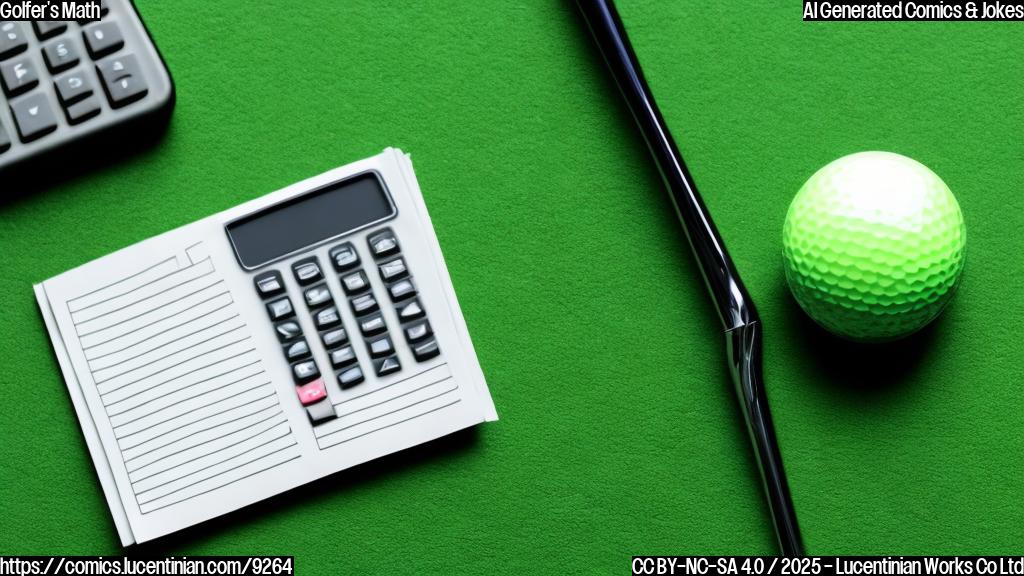 A simple, plain cartoon-style image of a green golf ball with a calculator icon printed on it, and a golf club resting next to it. The background is a solid light green.