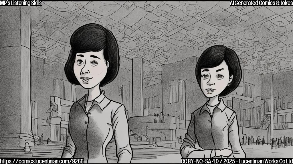 A cartoon drawing of a female parliament member with short brown hair, standing in front of a simplistic cartoon parliament building. She is holding a comically oversized ear to her own head, as if listening intently. The style is plain, using only a few solid colors and simple shapes. Background is a light blue.
