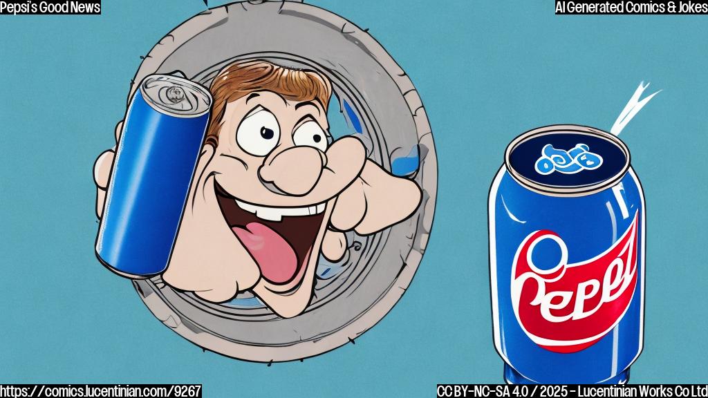 Cartoon image, solid light blue background, a simple drawing of a Pepsi can with a huge, happy smile on its label.