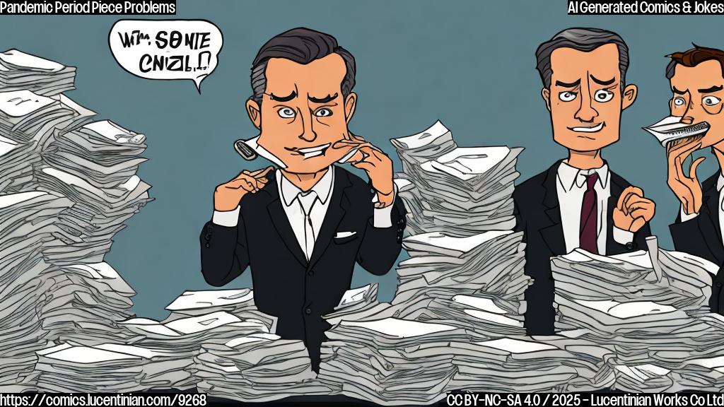 Cartoon image of a stressed-looking movie executive sitting behind a large desk piled high with scripts. The executive is wearing a crisp suit, but his tie is askew, and he has dark circles under his eyes. Speech bubbles above him showing a bottle of hand sanitizer with a sad face, and a person dressed in a hazmat suit holding out their hand with a demanding expression. The background should be a stylized office setting with film reels and movie posters subtly referencing a historical period, like the Renaissance. Dominant colors should be muted greens and yellows with pops of red for emphasis.