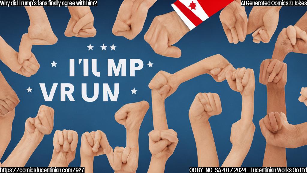 A group of people holding hands, forming a chain, with one person at the end wearing a "I'm with Trump" t-shirt, surrounded by a blurred background of election posters and news headlines.