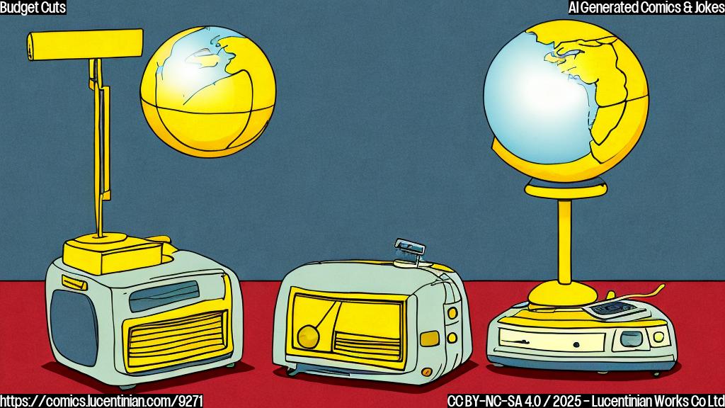 simple cartoon style, plain light-yellow background, showing a sad looking old-fashioned television set turning away from a globe also with a sad expression, a scissor laying on the floor between them