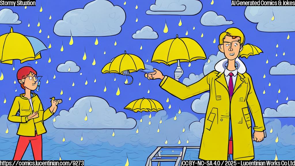 Cartoon of a weather reporter, drawn in a simple, flat style with bold outlines. The reporter is wearing a bright yellow raincoat and holding a microphone. He's standing next to a ridiculously tall ladder that stretches out of frame. In the background, a simplified depiction of the Gulf Coast is visible, with exaggeratedly large rain clouds looming overhead. The color palette is primarily blues, yellows, and grays.