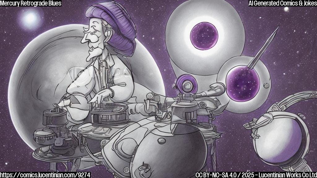 A cartoon drawing of a sad, purple-skinned astrologer with pointy hat and a telescope, standing next to a planet that looks like it's spinning backwards. The background is a plain light blue.
