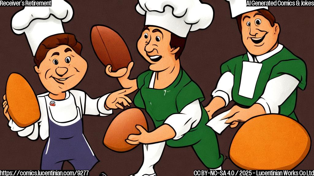 a plain color cartoon style picture of a football receiver wearing a chef's hat and apron, holding a football shaped like a loaf of bread