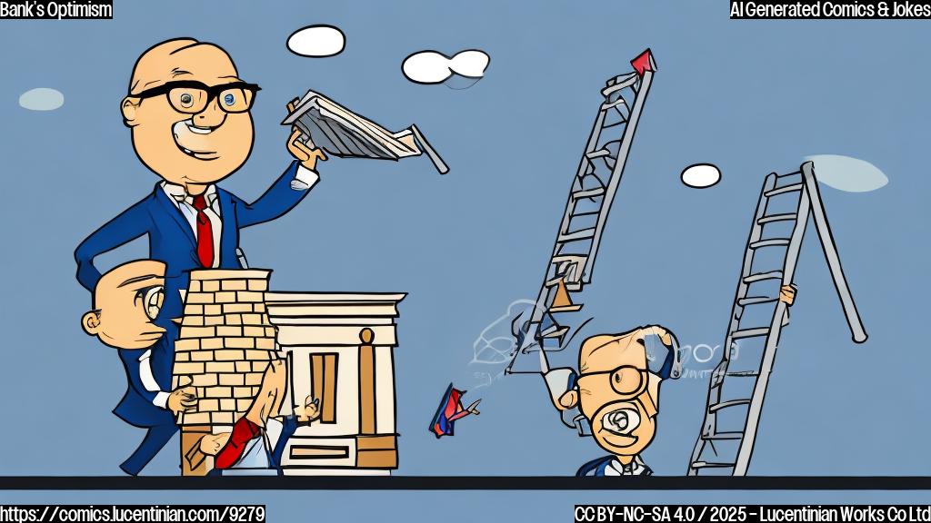 a cartoon style image depicting a person with glasses and a tie, representing an economist, carrying a comically large ladder towards a generic bank building (simple shapes, primary colors) with a speech bubble coming from the bank saying "All Clear!". The background is a plain light blue.