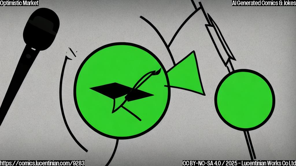 A simple cartoon image featuring a rising arrow graph with a microphone in front of it, as if it were telling a joke. The background is a plain light green.