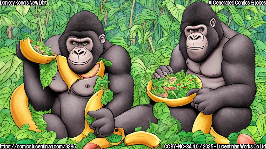 A cartoon-style drawing of a muscular gorilla in a jungle setting, happily eating a large bowl of salad. A partially eaten banana peel lies discarded nearby. The style is simple and brightly colored.