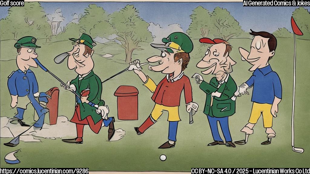a plain color cartoon style picture of a golf score sheet wearing a mischievous grin and being escorted by a stern-looking school principal with a golf club