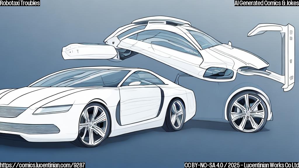 A plain cartoon style illustration of a white, sleek, futuristic-looking car with large windows and no visible driver inside. The car is tilted slightly as it has a flat tire on the front right wheel. The background is a solid light blue color.