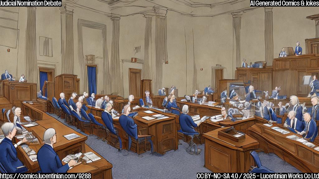 A cartoon style picture of a senate hearing room. A senator with short grey hair and a blue suit is standing on a step ladder, reaching up towards a gavel resting on a very tall stack of law books. Other senators with various expressions are seated at tables below. The background is a plain light blue color.