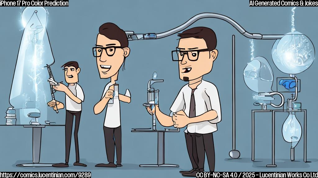 a simple cartoon of a tech analyst with glasses and a notepad, standing next to a confused-looking glassblower holding a blowpipe, both staring at a futuristic phone with a shimmering, liquid-like surface