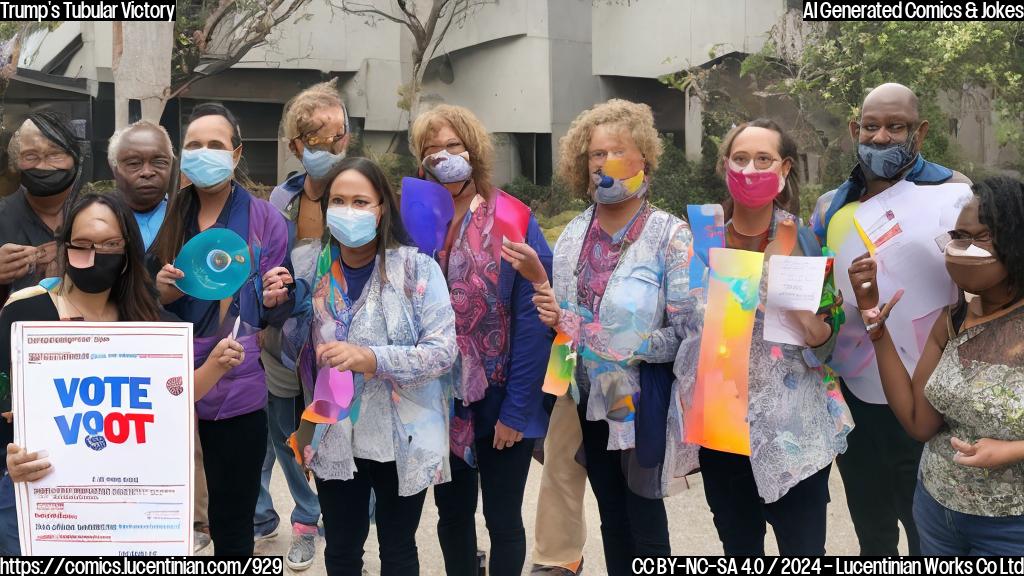 A group of people holding a colorful, swirly tube in one hand and a voter registration card in the other, standing in front of a polling station