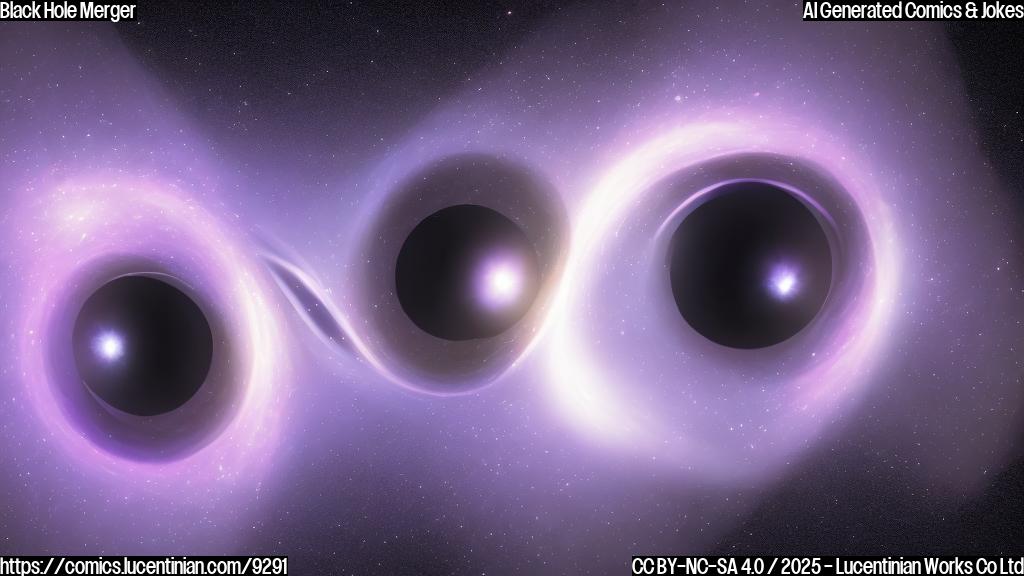 Two cartoon black holes, one slightly larger than the other, swirling towards each other in space. The background is a simple, plain purple color with white twinkling stars.
