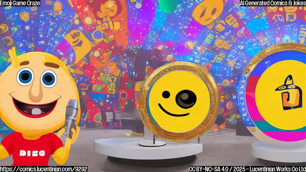 a plain cartoon style image of a yellow circular face with wide eyes and a big smile, standing behind a game show podium with a microphone. The podium has a colorful logo with various emojis on it.