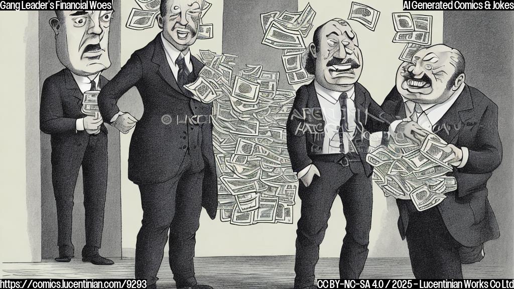 A cartoon drawing of a worried-looking man in a suit, sweating profusely, holding a briefcase overflowing with cash. In the background, a stern-looking building labeled "Treasury" looms large.