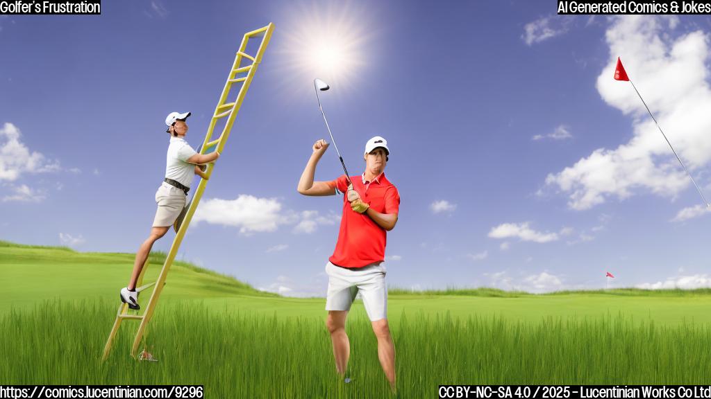 A cartoon-style image. A frustrated golfer with a red face stands in a field of tall green grass, attempting to climb a comically oversized ladder towards his golf ball, which is perched precariously at the very top of the grass. The sky is a plain light blue. The golf ball is white.