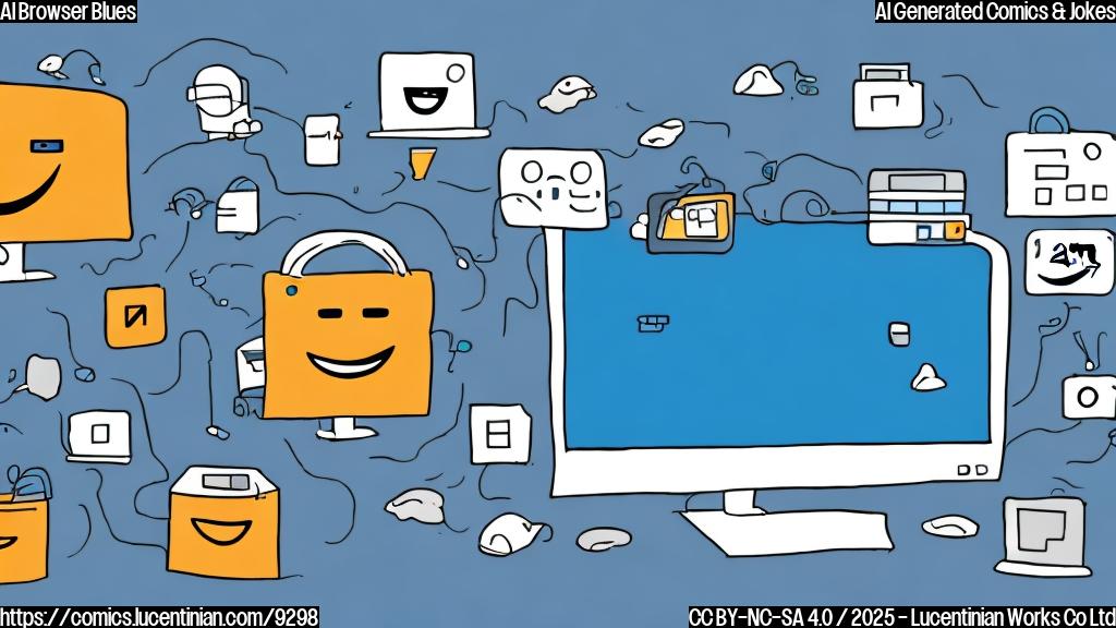 A simple, plain color cartoon illustration of a sad-looking computer screen with browser tabs labeled "Personal Data" and "Amazon Cart" visible. The screen is emitting a blue light and has an anthropomorphic face with a downturned mouth.