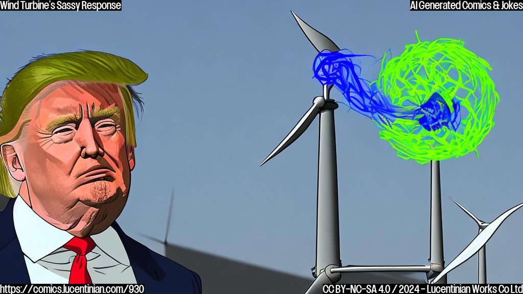 A cartoon of a blue, sleek offshore wind turbine with bright green blades spinning in the background, while Donald Trump is shown in the foreground, his arms crossed and a frustrated expression on his face. The wind turbine has a speech bubble with a smiling, sassy face inside.
