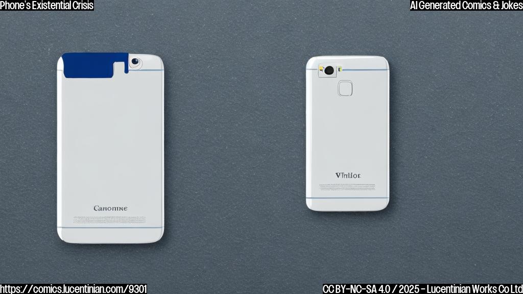 a plain color cartoon style picture of a white smartphone with a transparent back, showing its internal components, floating in a void of dark blue color. The smartphone has a thoughtful expression on its screen.