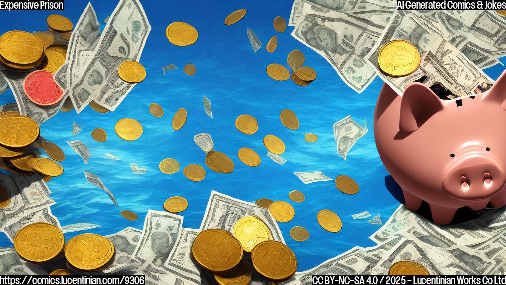A plain color cartoon style picture of a very large piggy bank shaped like an island prison in the middle of the ocean. The piggy bank has a coin slot on top and dollar signs are subtly etched into the island's surface.
