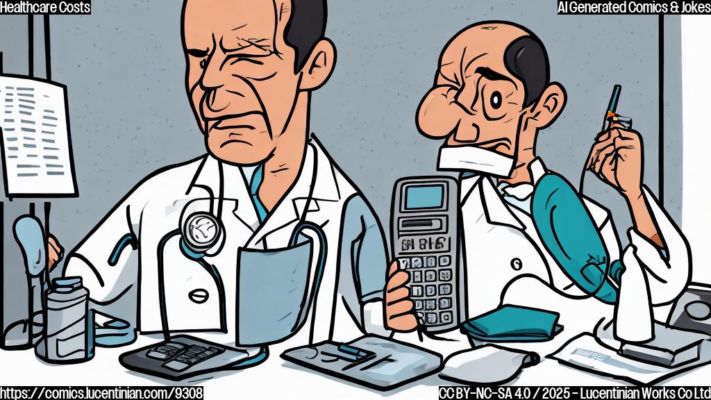 Plain color cartoon style image of a worried-looking person with a medical gown holding a calculator in a doctor's office. The person is sweating and looking at a bill with a sad face.