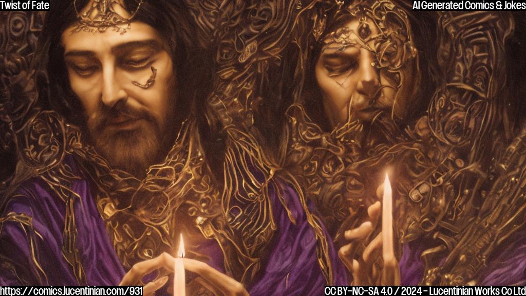 A mysterious, dark-haired figure with piercing eyes, dressed in a long, flowing cloak, sits on a therapist's couch, surrounded by candles and ancient artifacts. The figure's fingers are clasped together tightly, as if holding onto something within themselves. The background is a deep, rich purple, evoking feelings of luxury and intensity.