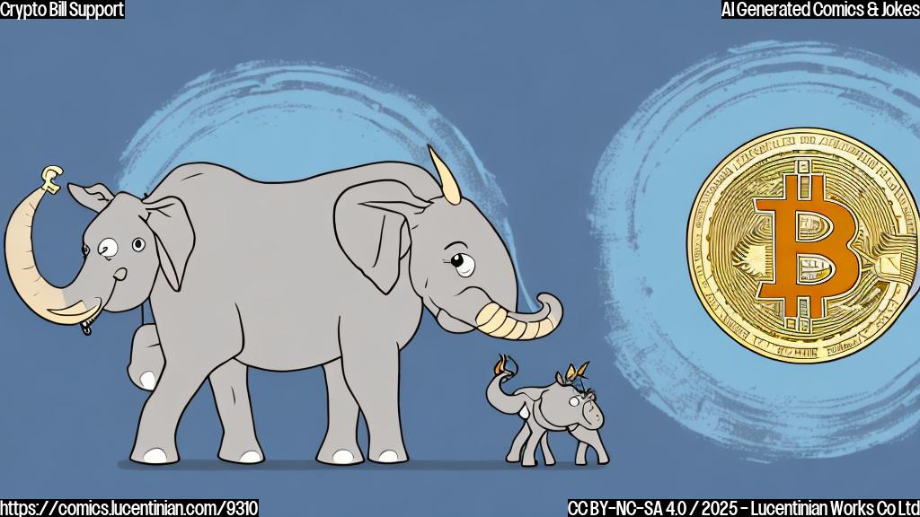 a simple cartoon illustration showing a large bill with a cryptocurrency logo being carried by a donkey and an elephant, both smiling. The background is a plain light blue.