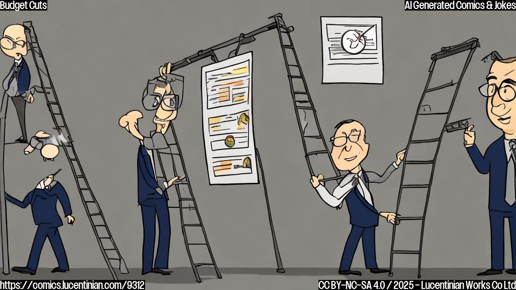 a cartoon image of a government employee, a middle-aged man with glasses and a tie, carrying a comically large ladder into a conference room filled with people in suits. The room has charts showing downward trending lines representing budget cuts. The color palette is bright and simplistic, with plain solid colors and thick black outlines, reminiscent of a newspaper comic strip.