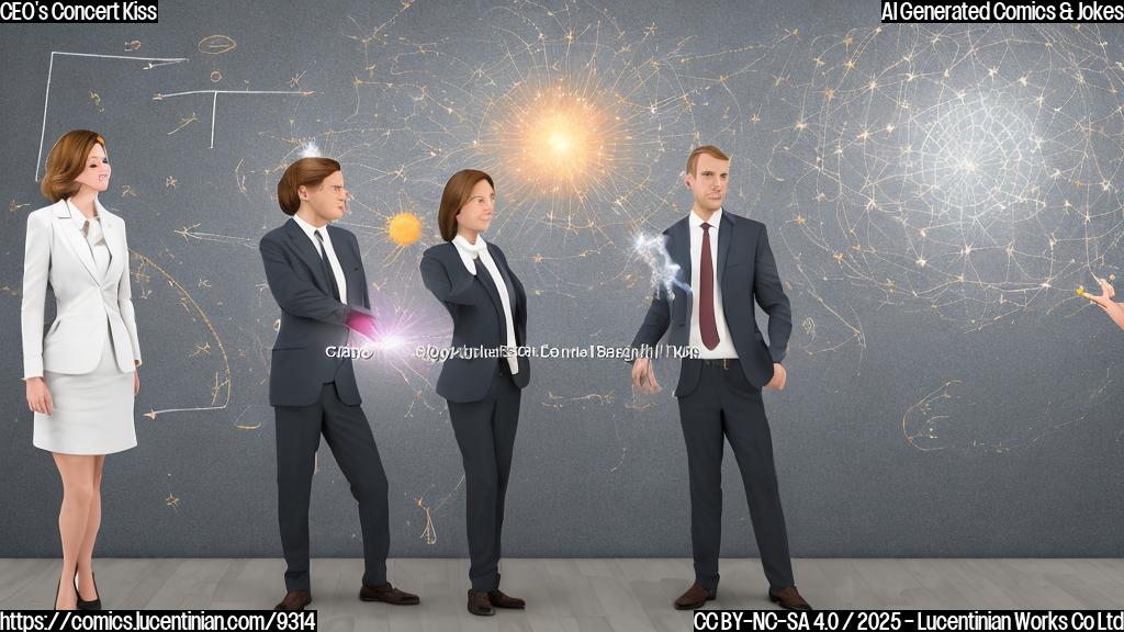 A cartoon image showing a man with short brown hair wearing a suit and tie looking flustered, standing in front of a whiteboard filled with astronomical charts and diagrams. A woman with long blonde hair wearing a business casual outfit is standing beside him, also looking somewhat embarrassed. A stern-looking man with graying hair is pointing at the whiteboard with a laser pointer. The style is simple and colorful, reminiscent of a business presentation slide.