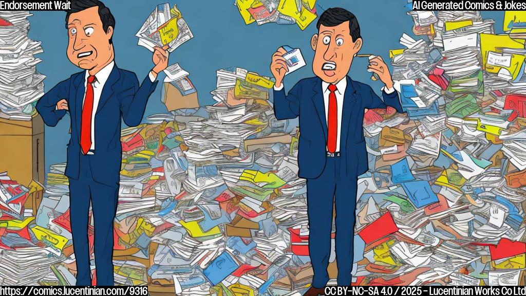 a plain color cartoon style picture, a worried politician with dark hair and a blue suit, standing next to an overflowing mailbox stuffed with colorful junk mail.