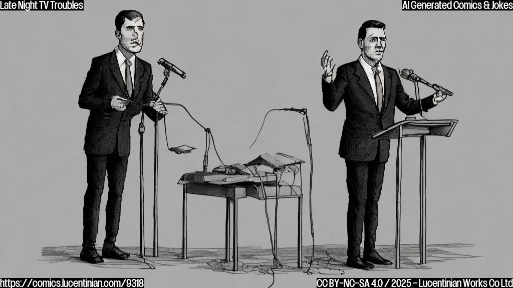 Cartoon image of a sad-looking man in a suit and tie, standing on a stage with a microphone. The stage is empty, and there are cobwebs in the corners. The color palette is mostly blues and grays, and the style is simple and cartoonish.