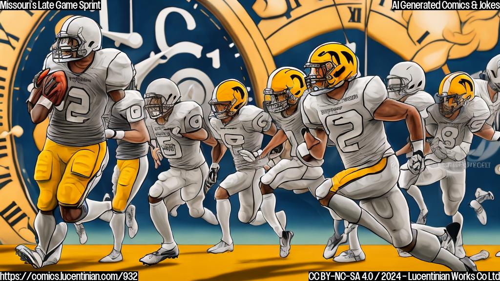 Draw a cartoon-style picture of a football team (specifically, the Missouri Tigers) running down a field with a big clock in the background, indicating time is running out. The players are shown with determined expressions and their arms and legs stretched out as they sprint towards the end zone. Incorporate a few blurred elements in the background to convey the fast-paced nature of the game.