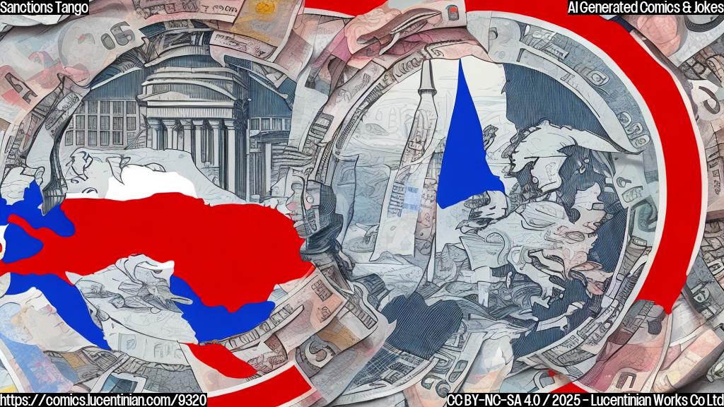 Plain color cartoon style illustration. A sad-looking oil barrel with a Russian flag pattern stands on one side. On the other side, a flag of the European Union is depicted with a speech bubble coming from it, containing Euro currency symbols. A thick red line separates them.
