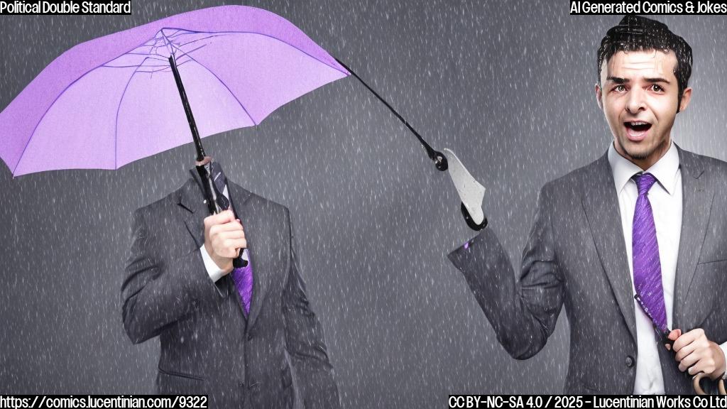 cartoon style, plain color background, A businessman in a suit with a surprised expression, holding a broken umbrella in the rain. The background color is gray. The umbrella is purple.