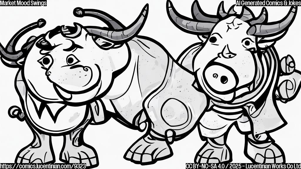 Draw a plain color cartoon style picture of a sad, anthropomorphic bull with a downturned mouth, standing in front of a fluctuating line graph representing the stock market. The background is a solid light gray.