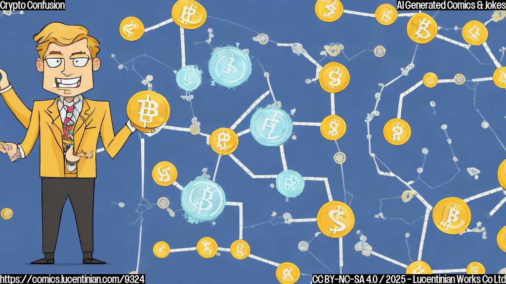 A perplexed cartoon character with messy blonde hair, wearing a suit and tie, looking at a confusing road map filled with cryptocurrency symbols like Bitcoin and Ethereum. The map is labeled "Regulatory Landscape" in a whimsical font. The background is a plain light blue.