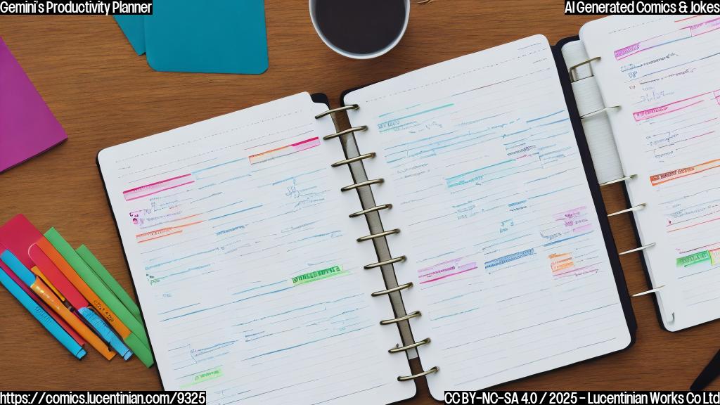 A simple, plain color cartoon of a smiling computer assistant holding a very organized planner. The planner has labels like "Ideas," "Tasks," and "Future Innovations" on its tabs. The background is a clean, white space.